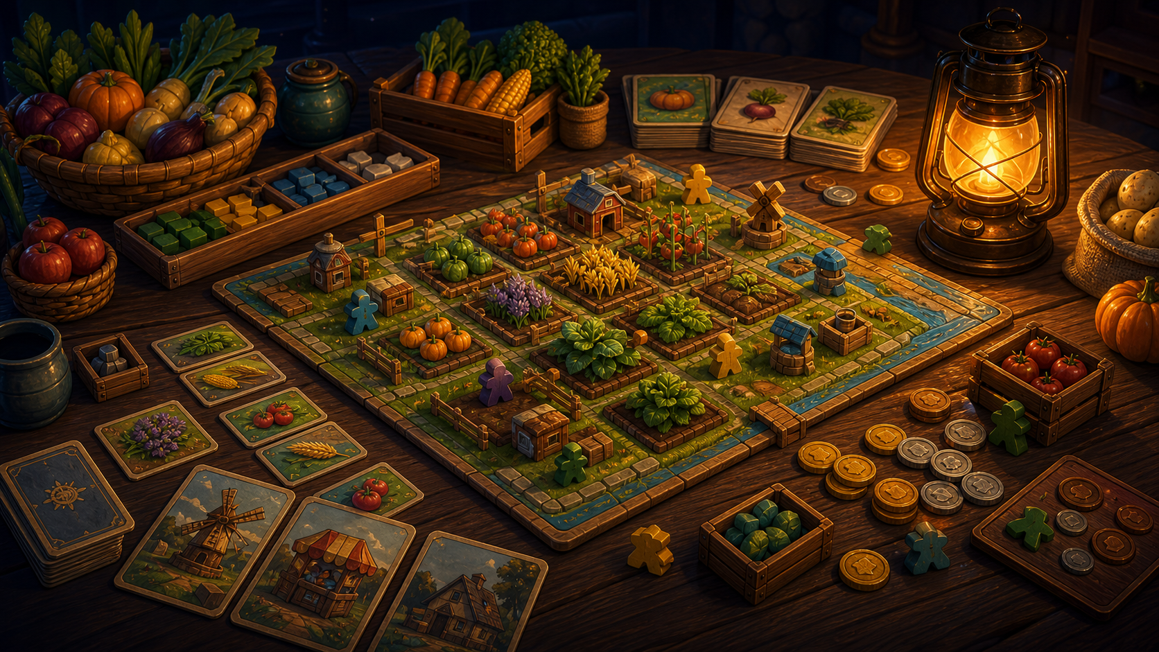 Market Fields tabletop farm board with crop cards and warm lantern light